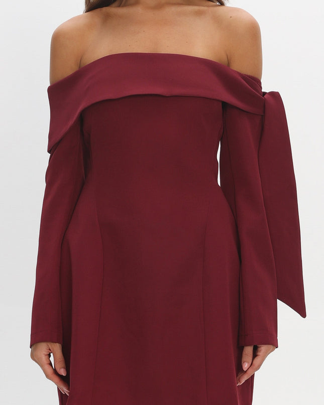 Wine Sky Off-Shoulder Tie Mini Dress