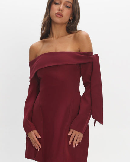 Wine Sky Off-Shoulder Tie Mini Dress