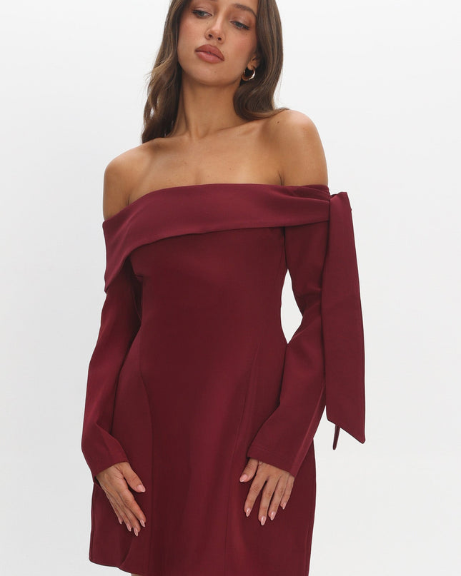 Wine Sky Off-Shoulder Tie Mini Dress