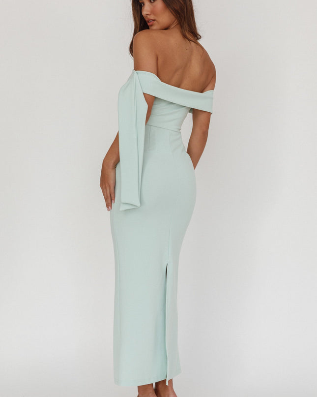 Sage Sky Off-Shoulder Tie Maxi Dress