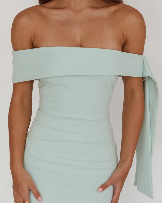 Sage Sky Off-Shoulder Tie Maxi Dress