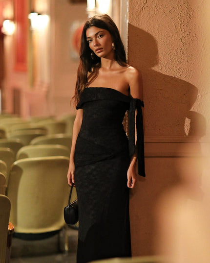 Black Sky Off-Shoulder Tie Maxi Dress Lace