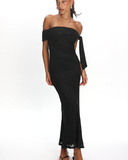 Black Sky Off-Shoulder Tie Maxi Dress Lace