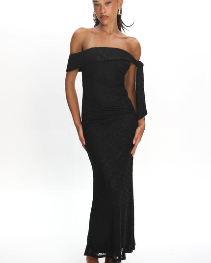 Black Sky Off-Shoulder Tie Maxi Dress Lace