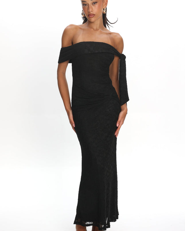 Black Sky Off-Shoulder Tie Maxi Dress Lace