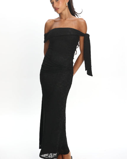 Black Sky Off-Shoulder Tie Maxi Dress Lace
