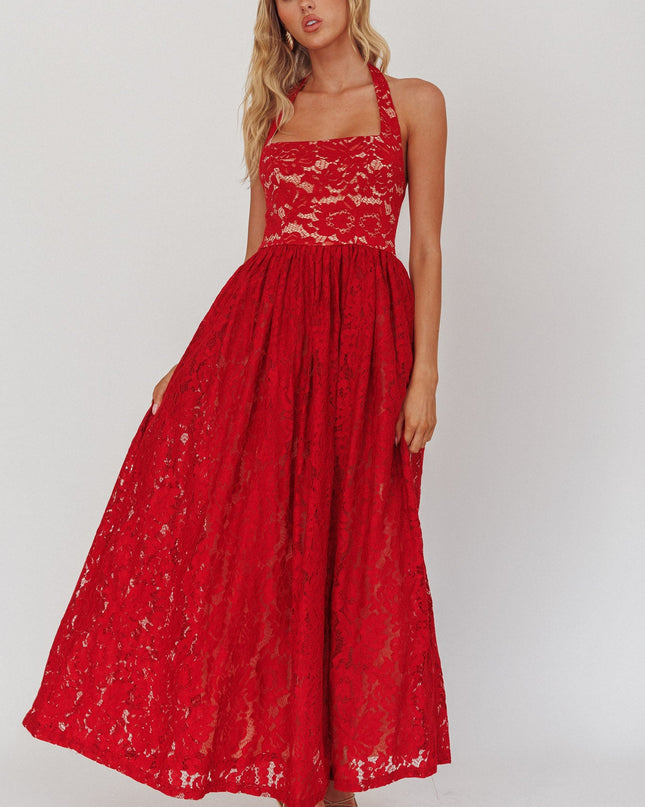 Cherry Halterneck A-Line Lace Maxi Dress