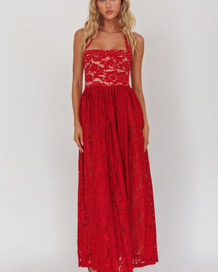 Cherry Halterneck A-Line Lace Maxi Dress
