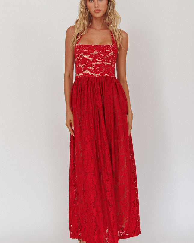 Cherry Halterneck A-Line Lace Maxi Dress