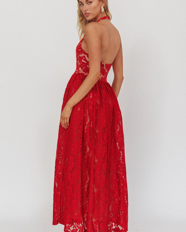 Cherry Halterneck A-Line Lace Maxi Dress