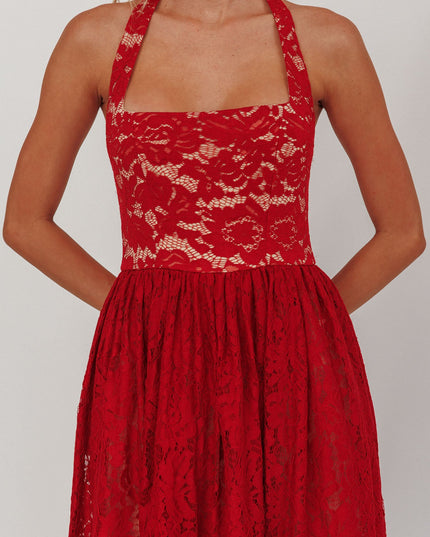 Cherry Halterneck A-Line Lace Maxi Dress