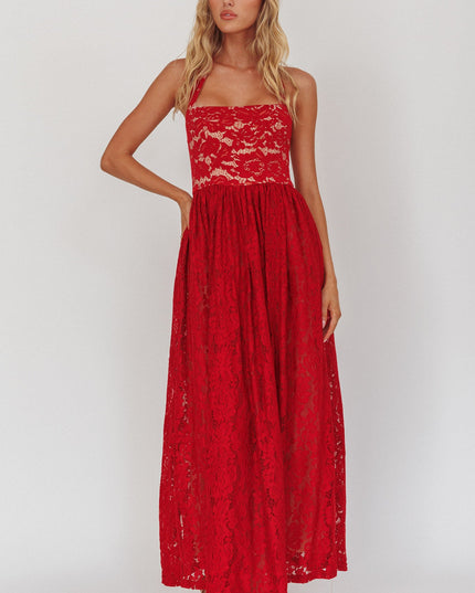 Cherry Halterneck A-Line Lace Maxi Dress
