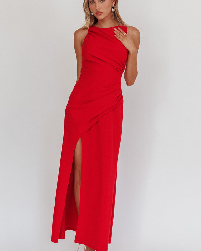 Red Lace-Up Back Maxi Dress