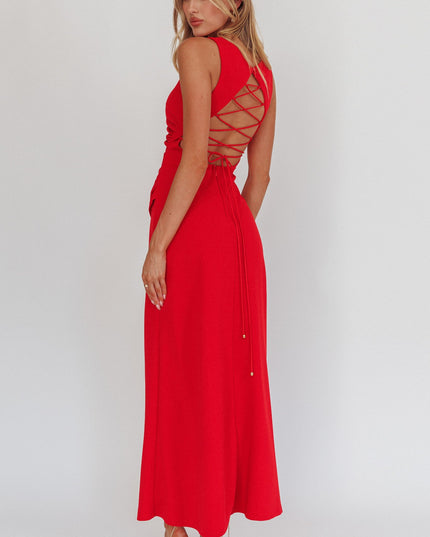 Red Lace-Up Back Maxi Dress