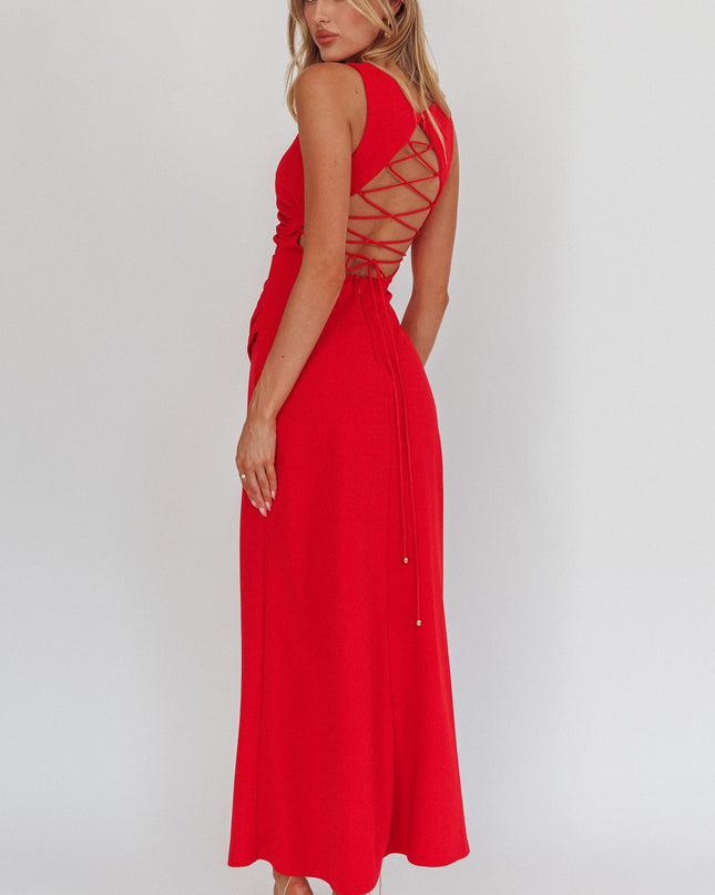 Red Lace-Up Back Maxi Dress