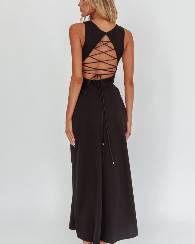 Black Lace-Up Back Maxi Dress