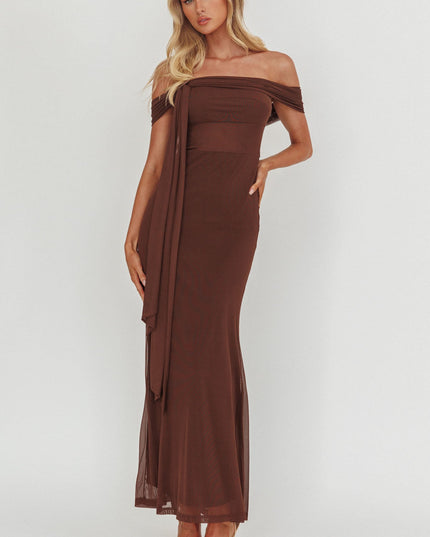 Chocolate Silver Moon Tied Off-Shoulder Maxi Dress
