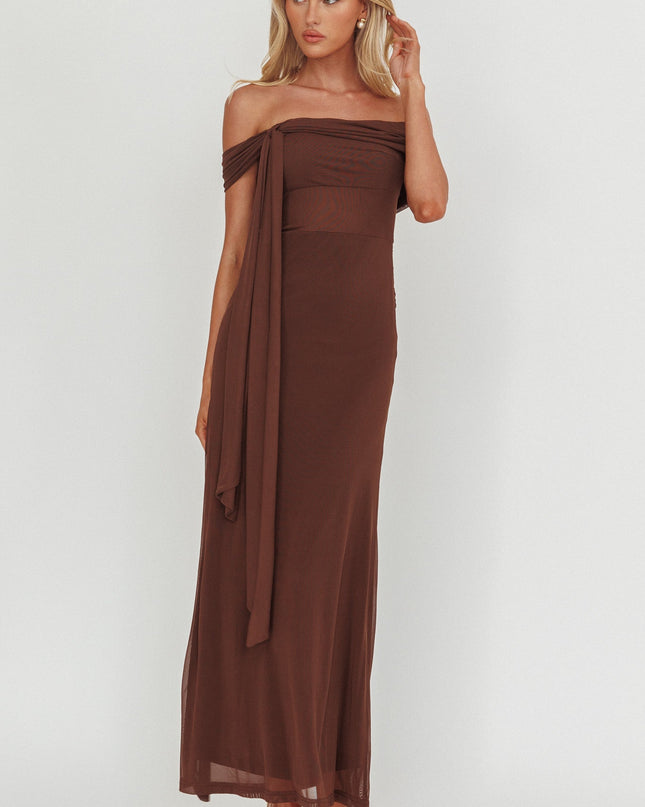 Chocolate Silver Moon Tied Off-Shoulder Maxi Dress