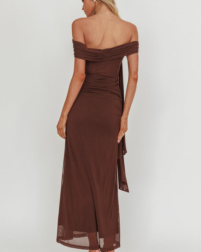 Chocolate Silver Moon Tied Off-Shoulder Maxi Dress
