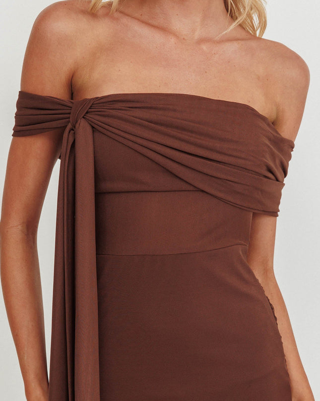Chocolate Silver Moon Tied Off-Shoulder Maxi Dress
