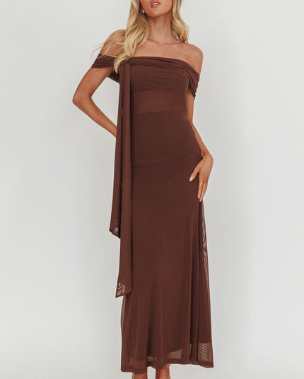 Chocolate Silver Moon Tied Off-Shoulder Maxi Dress
