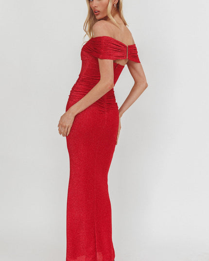 Cherry Silver Moon Off-Shoulder Maxi Dress