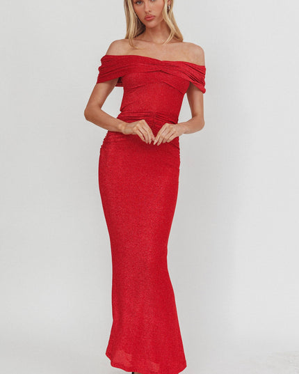 Cherry Silver Moon Off-Shoulder Maxi Dress
