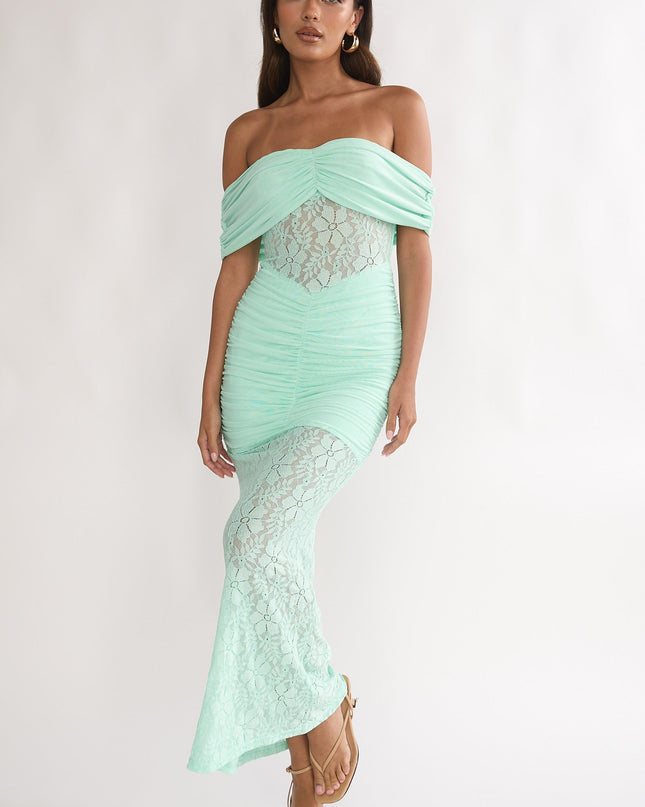 Mint Silver Moon Off-Shoulder Maxi Dress Floral
