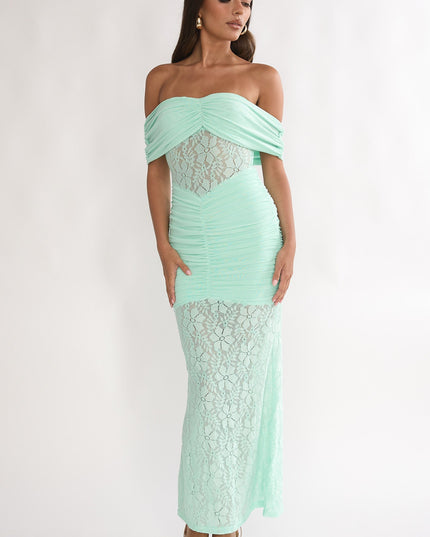Mint Silver Moon Off-Shoulder Maxi Dress Floral