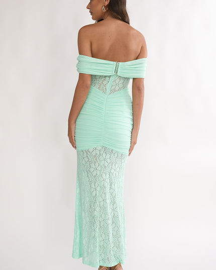 Mint Silver Moon Off-Shoulder Maxi Dress Floral