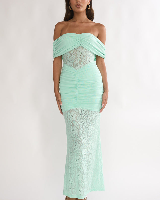 Mint Silver Moon Off-Shoulder Maxi Dress Floral