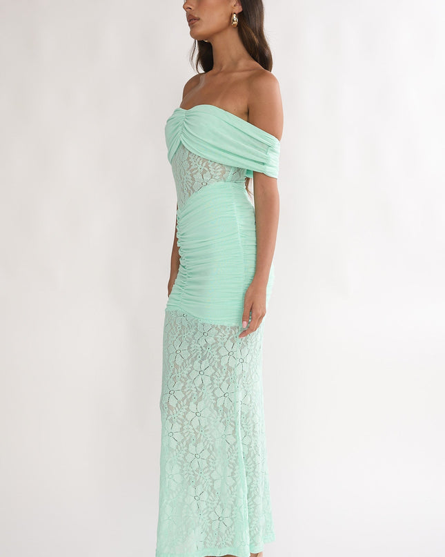 Mint Silver Moon Off-Shoulder Maxi Dress Floral