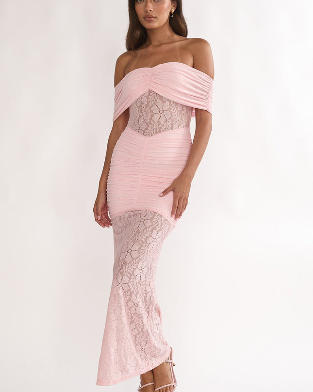 Pink Silver Moon Off-Shoulder Maxi Dress Floral