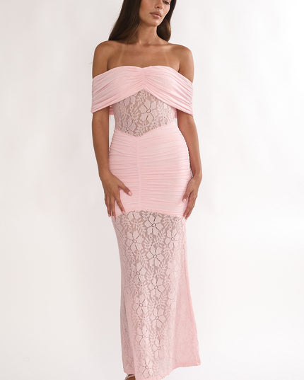 Pink Silver Moon Off-Shoulder Maxi Dress Floral