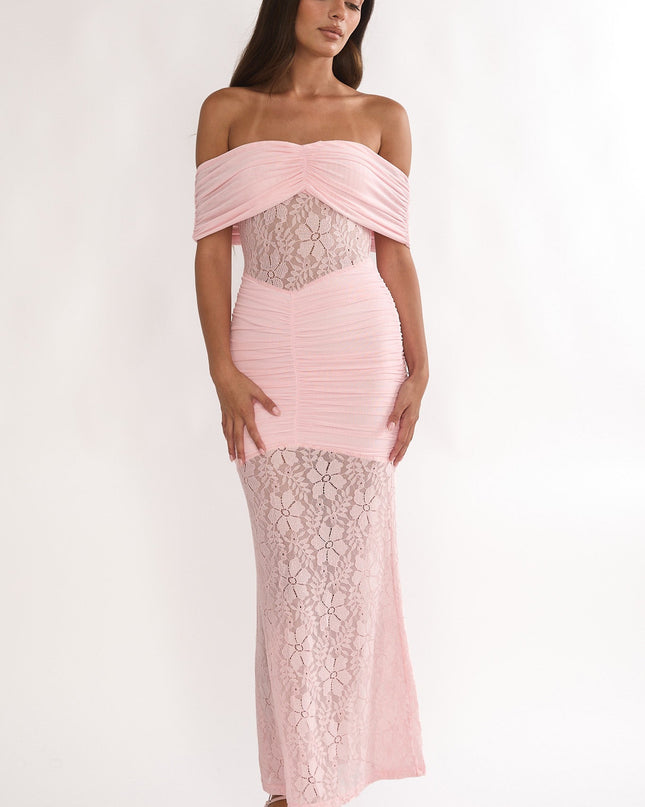 Pink Silver Moon Off-Shoulder Maxi Dress Floral