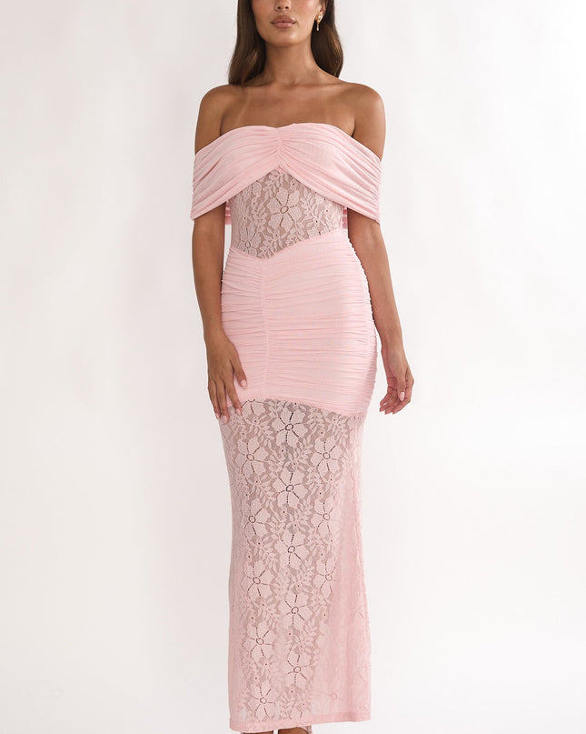 Pink Silver Moon Off-Shoulder Maxi Dress Floral