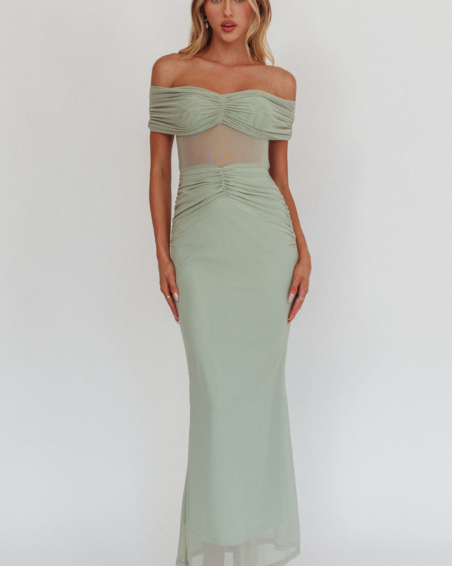 Sage Silver Moon Off-Shoulder Maxi Dress