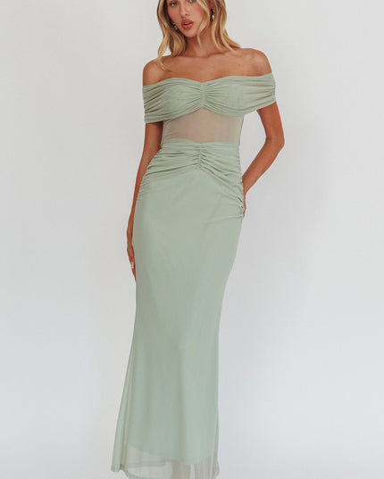 Sage Silver Moon Off-Shoulder Maxi Dress