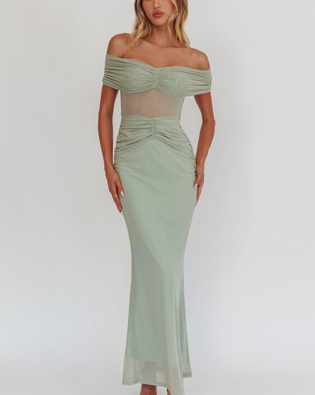 Sage Silver Moon Off-Shoulder Maxi Dress
