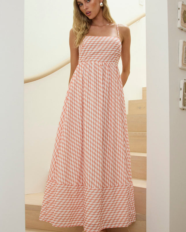 Orange Square Neckline Maxi Dress Print