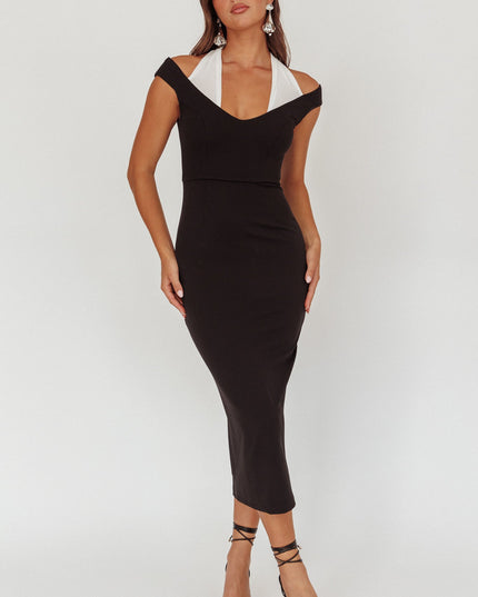 Black Contrast Mesh Halter Midi Dress