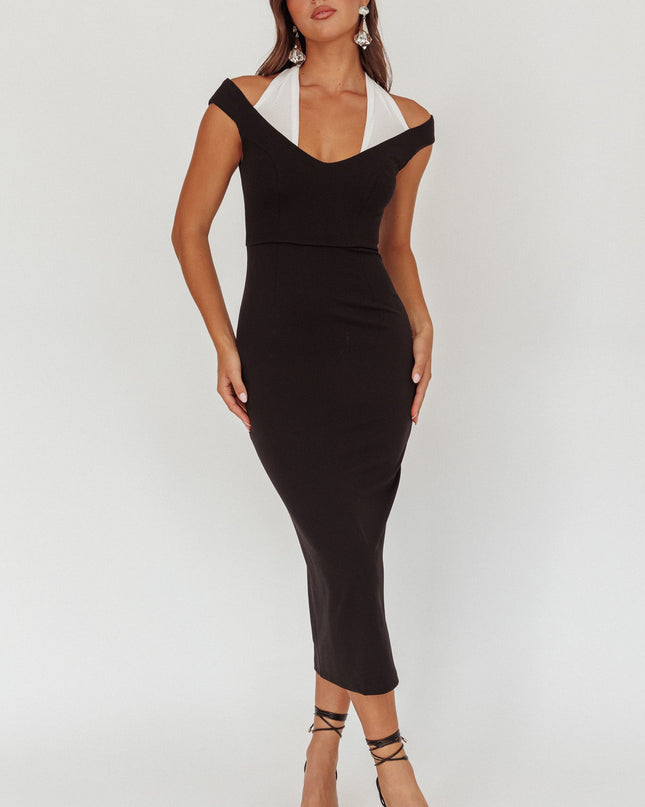 Black Contrast Mesh Halter Midi Dress