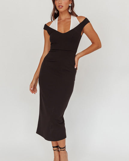 Black Contrast Mesh Halter Midi Dress