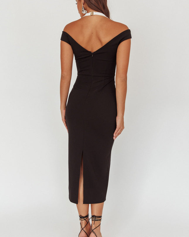 Black Contrast Mesh Halter Midi Dress