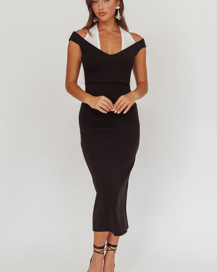 Black Contrast Mesh Halter Midi Dress