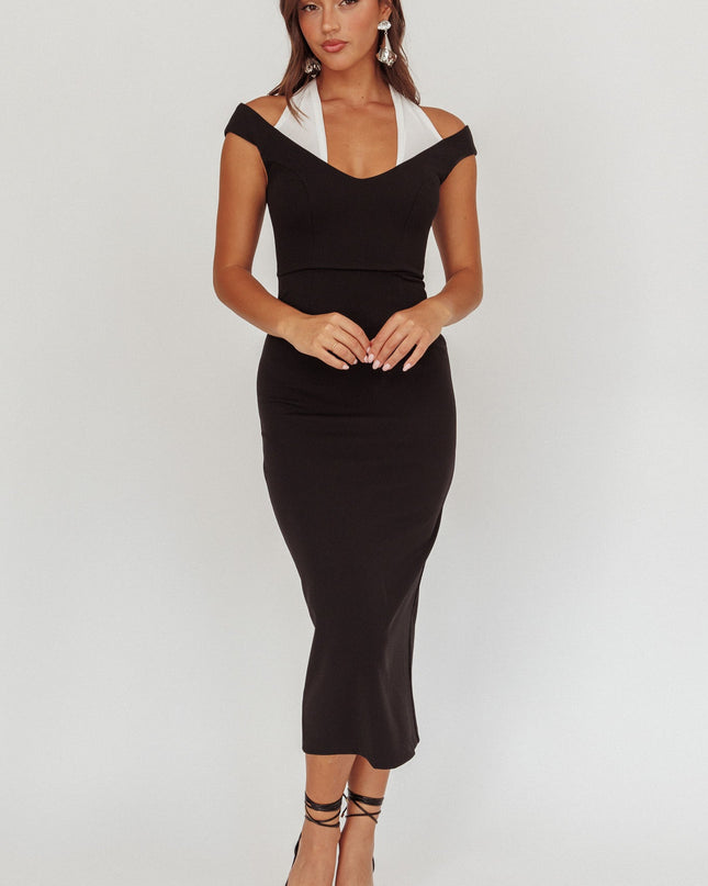 Black Contrast Mesh Halter Midi Dress