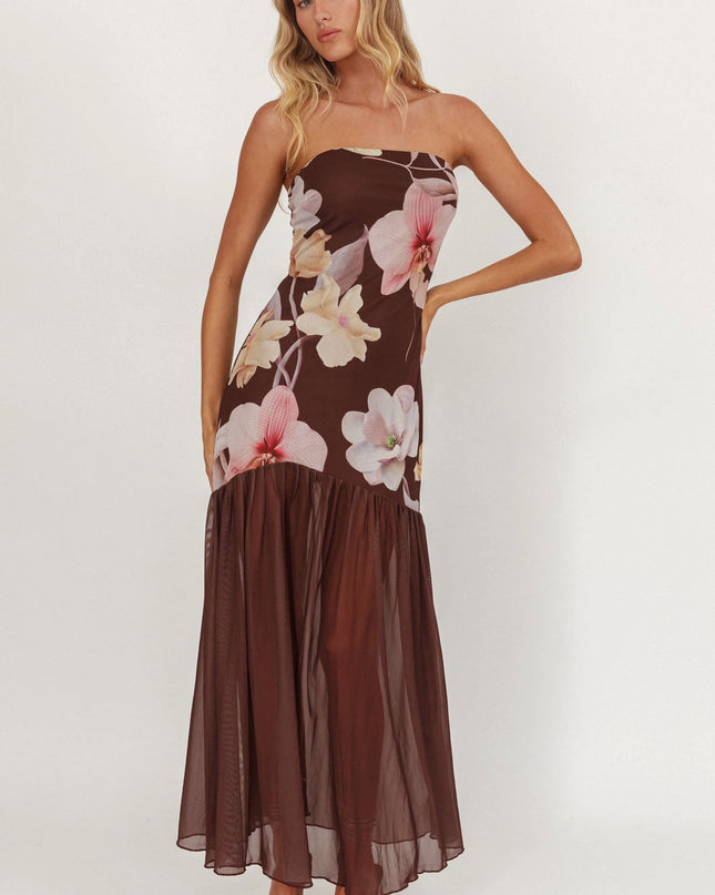 Brown Sheer Hem Strapless Midi Dress Orchids