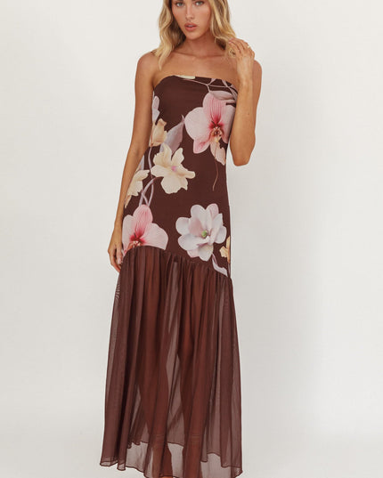 Brown Sheer Hem Strapless Midi Dress Orchids