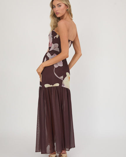 Brown Sheer Hem Strapless Midi Dress Orchids