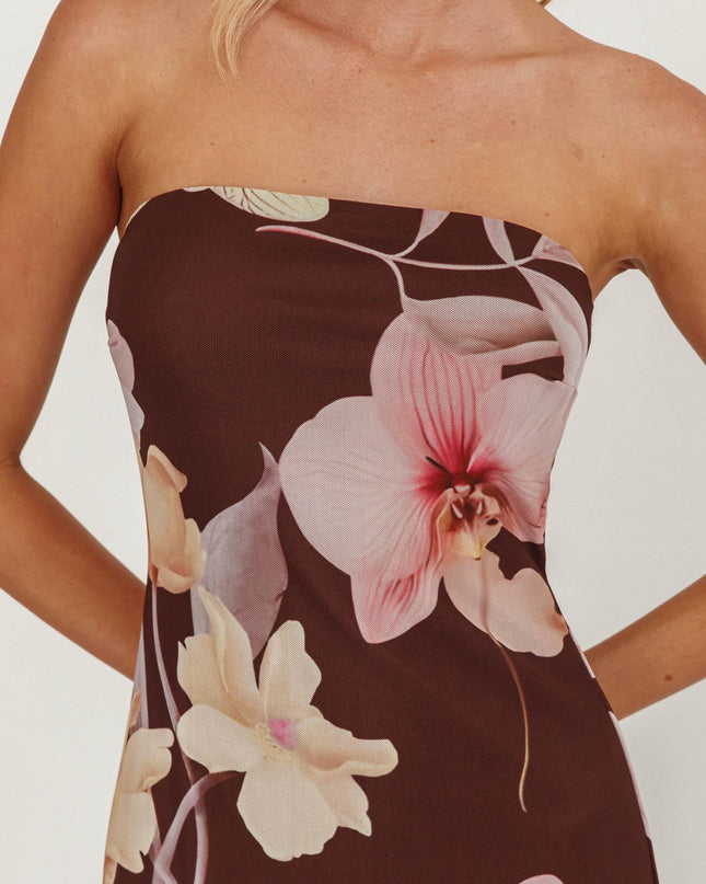 Brown Sheer Hem Strapless Midi Dress Orchids